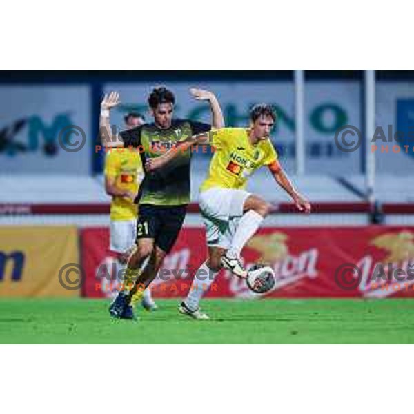 Miha Kompan Breznik and Gasper Trdin in action during Prva liga Telemach 2024/25 football match between Radomlje and Bravo Kostel in Domzale, Slovenia on August 31, 2024