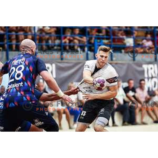 in action during first match of EHF European league Qualifiers handball match between Trimo Trebnje and Limoges in Trebnje, Slovenia on August 31, 2024