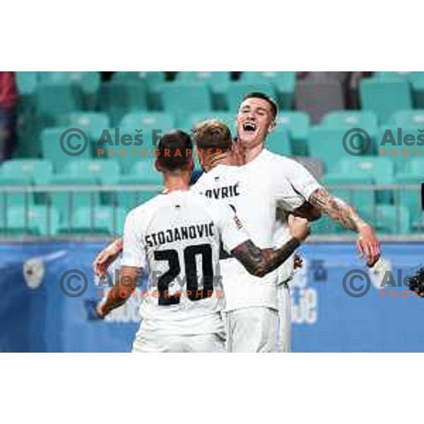 Benjamin Sesko scores and celebrates a goal from penalty kick during UEFA Nations League football match between Slovenia and Austria in SRC Stozice, Ljubljana, Slovenia on September 6, 2024