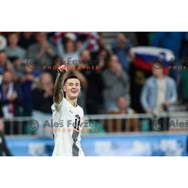 Benjamin Sesko scores and celebrates a goal during UEFA Nations League football match between Slovenia and Kazakhstan in SRC Stozice, Ljubljana, Slovenia on September 9, 2024