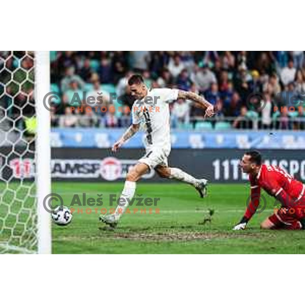 Benjamin Sesko scores and celebrates a goal during UEFA Nations League football match between Slovenia and Kazakhstan in SRC Stozice, Ljubljana, Slovenia on September 9, 2024