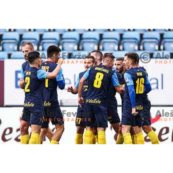 Nino Kouter and players of Celje celebrate a goal during Prva Liga Telemach 2024/25 football match between Celje and Nafta 1903 in Celje, Slovenia on September 15, 2024