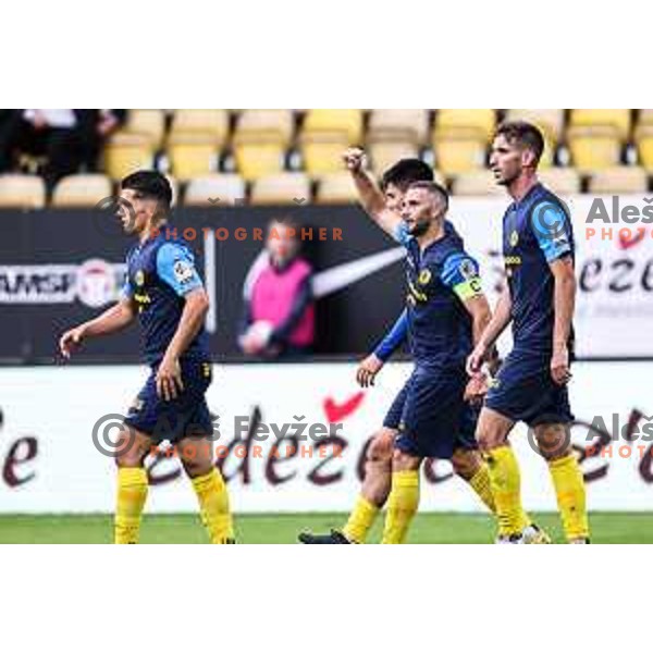 Nino Kouter and players of Celje celebrate a goal during Prva Liga Telemach 2024/25 football match between Celje and Nafta 1903 in Celje, Slovenia on September 15, 2024