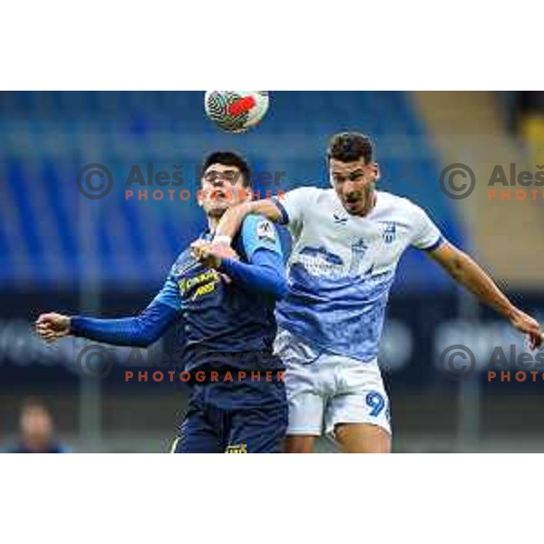 Svit Seslar and Aron Dragoner in action during Prva Liga Telemach 2024/25 football match between Celje and Nafta 1903 in Celje, Slovenia on September 15, 2024