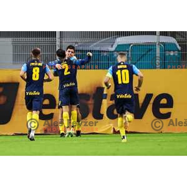Svit Seslar and players of Celje celebrate a goal during Prva Liga Telemach 2024/25 football match between Celje and Nafta 1903 in Celje, Slovenia on September 15, 2024