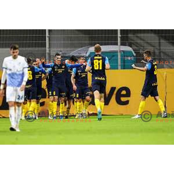 Svit Seslar and players of Celje celebrate a goal during Prva Liga Telemach 2024/25 football match between Celje and Nafta 1903 in Celje, Slovenia on September 15, 2024