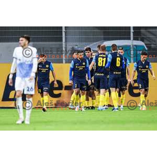 Svit Seslar and players of Celje celebrate a goal during Prva Liga Telemach 2024/25 football match between Celje and Nafta 1903 in Celje, Slovenia on September 15, 2024