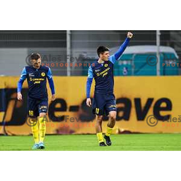 Svit Seslar and players of Celje celebrate a goal during Prva Liga Telemach 2024/25 football match between Celje and Nafta 1903 in Celje, Slovenia on September 15, 2024