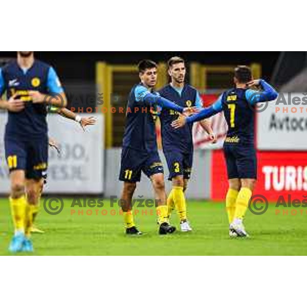 Svit Seslar and players of Celje celebrate a goal during Prva Liga Telemach 2024/25 football match between Celje and Nafta 1903 in Celje, Slovenia on September 15, 2024