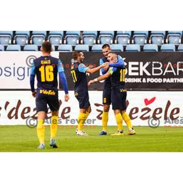 Nino Kouter and players of Celje celebrate a goal during Prva Liga Telemach 2024/25 football match between Celje and Nafta 1903 in Celje, Slovenia on September 15, 2024