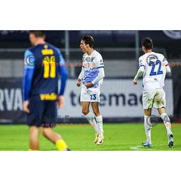 Zsombor Kalnoki-Kis of Nafta scores and celebrates a goal during Prva Liga Telemach 2024/25 football match between Celje and Nafta 1903 in Celje, Slovenia on September 15, 2024