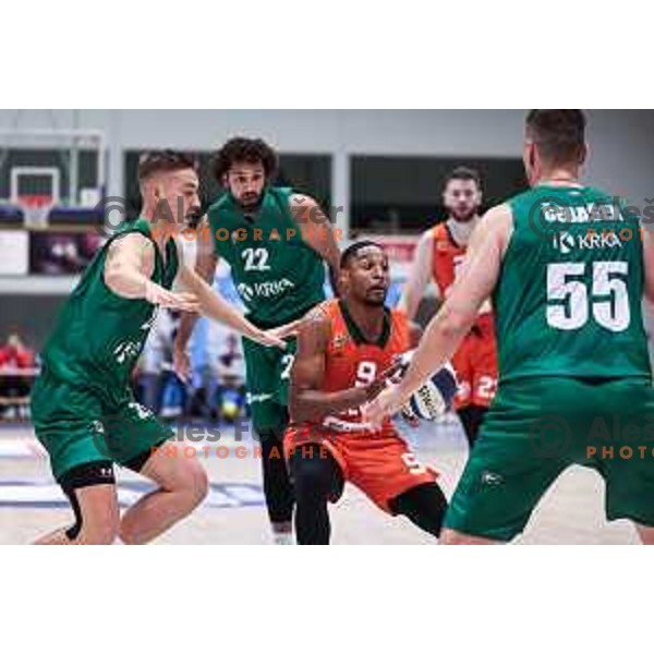 Miha Cerkvenik and Brynton Lemar in action during Slovenian SuperCup basketball match between Cedevita Olimpija and Krka in Tri lilies Hall, Lasko,, Slovenia on September 17, 2024