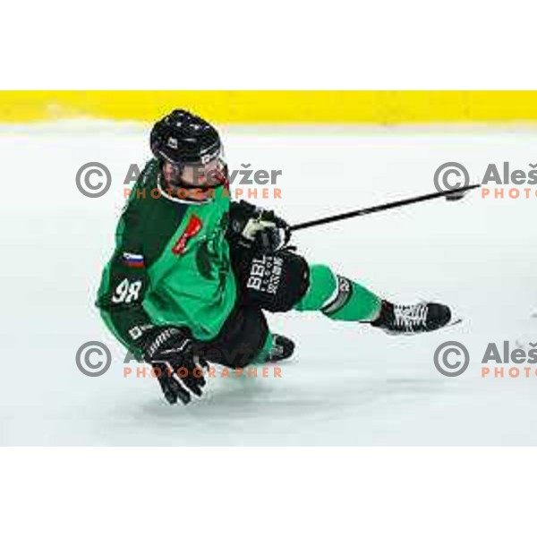 Blaz Tomazevic in action during IceHL match between SZ Olimpija and Villach in Ljubljana, Slovenia on September 20, 2024