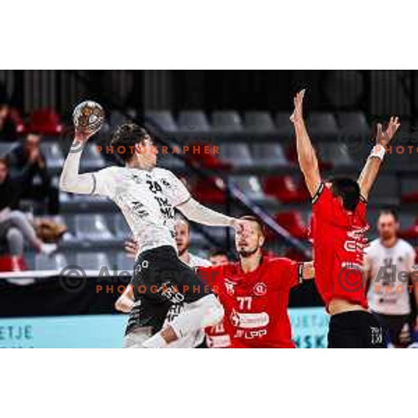 Vid Miklavec in action during 1.NLB League handball match between LL Grosist Slovan and Trimo Trebnje in Ljubljana, Slovenia on September 20, 2024