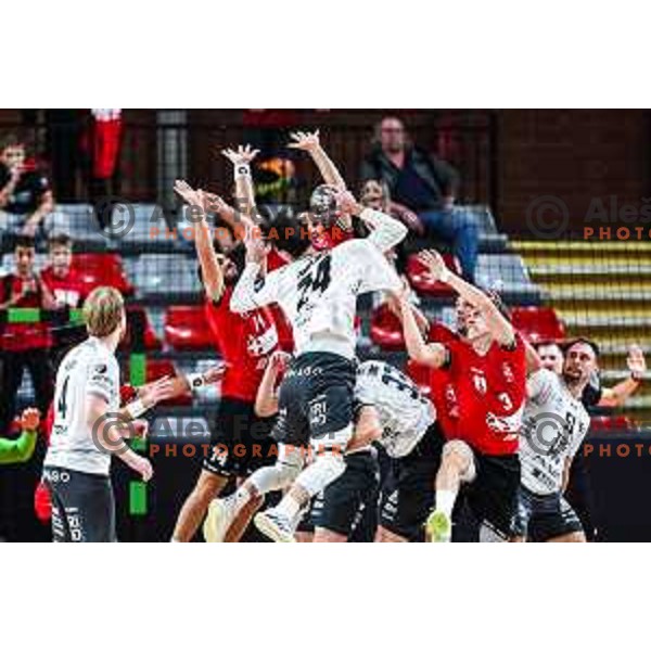 Vid Miklavec in action during 1.NLB League handball match between LL Grosist Slovan and Trimo Trebnje in Ljubljana, Slovenia on September 20, 2024