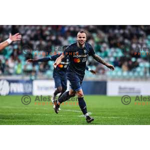 Matej Poplatnik celebrates a goal during Prva liga Telemach 2024/2025 football match between Olimpija and Bravo Kostel in Ljubljana, Slovenia on September 21, 2024