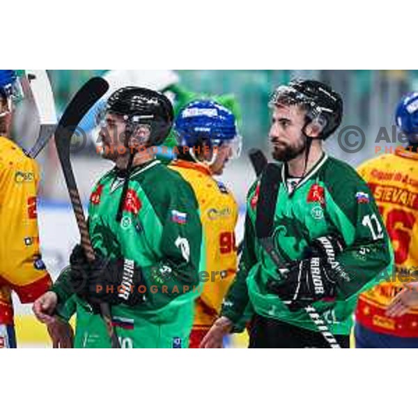 Nik Simsic in action during IceHL match between SZ Olimpija and Migros Asiago in Ljubljana, Slovenia on September 27, 2024 