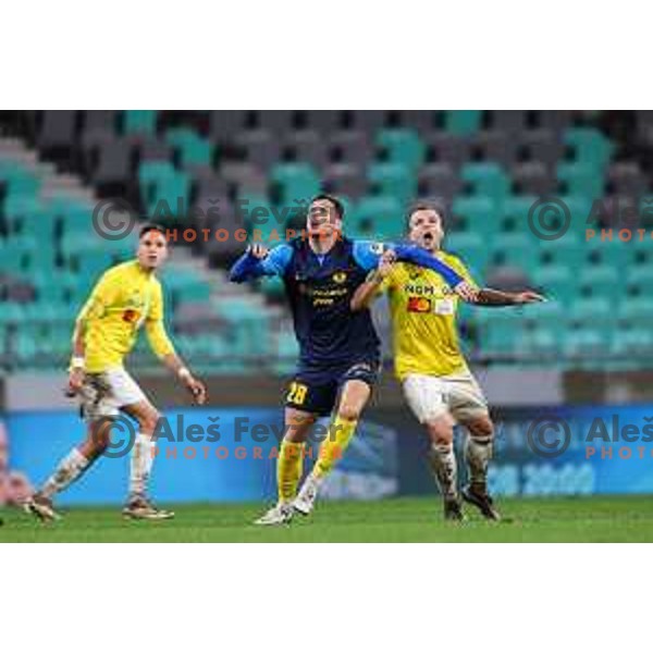 Slavko Bralic and Matej Poplatnik in action during Prva liga Telemach 2024/2025 football match between Bravo Kostel and Celje in Ljubljana on September 28, 2024