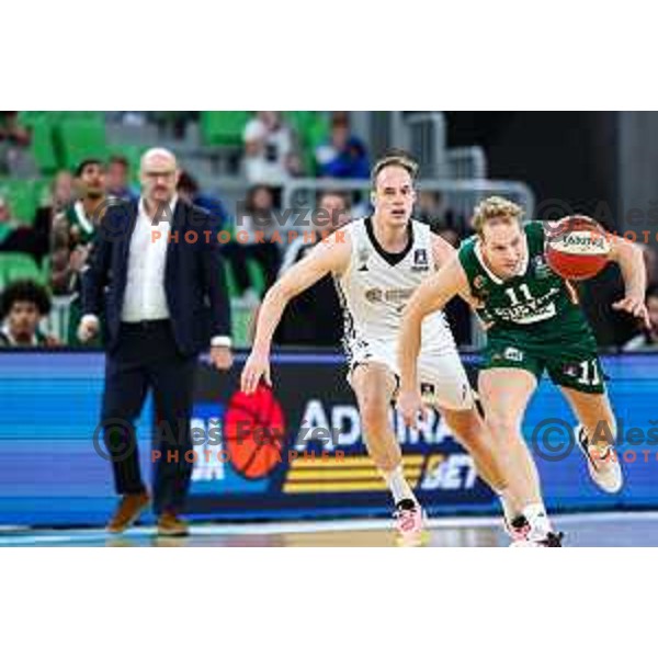 Jaka Blazic and Klemen Prepelic in action during ABA League 2024/2025 basketball match between Cedevita Olimpija and Dubai in SRC Stozice, Ljubljana, Slovenia on September 29, 2024