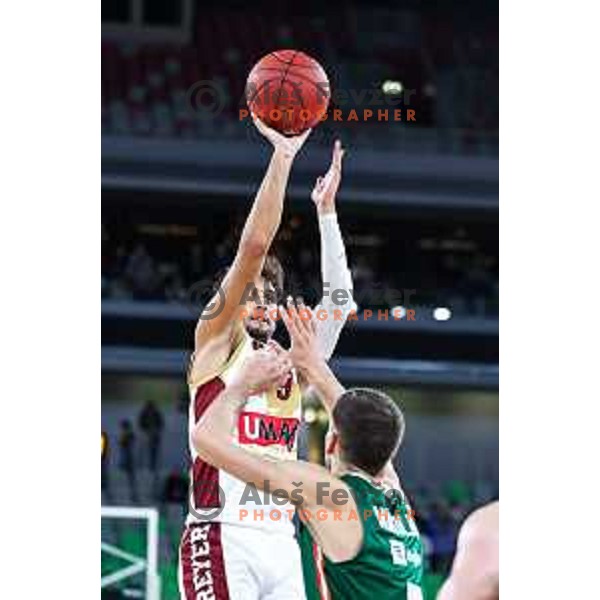 In action during BKT EuroCup basketball match between Cedevita Olimpija and Umana Reyer Venezia in SRC Stozice, Ljubljana, Slovenia on October 1, 2024.