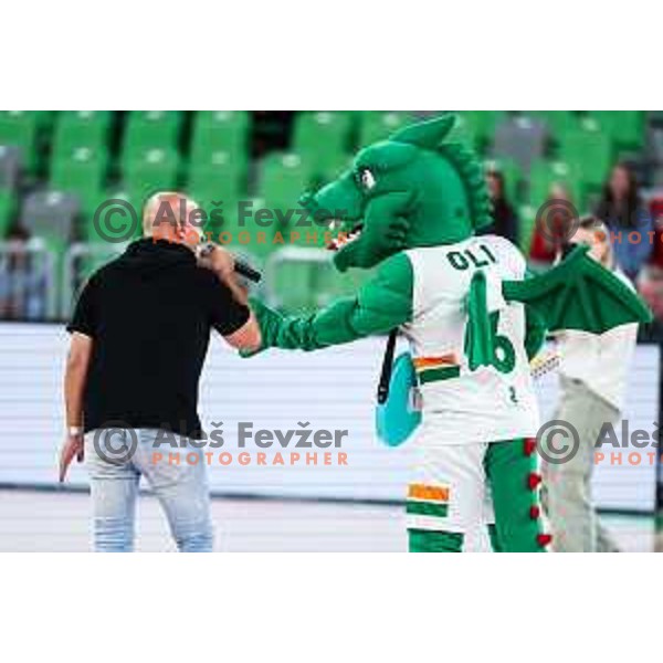 Miran Rudan and Oli The Dragon of Cedevita Olimpija during BKT EuroCup 2024/2025 basketball match between Cedevita Olimpija and Umana Reyer Venezia in SRC Stozice, Ljubljana, Slovenia on October 1, 2024