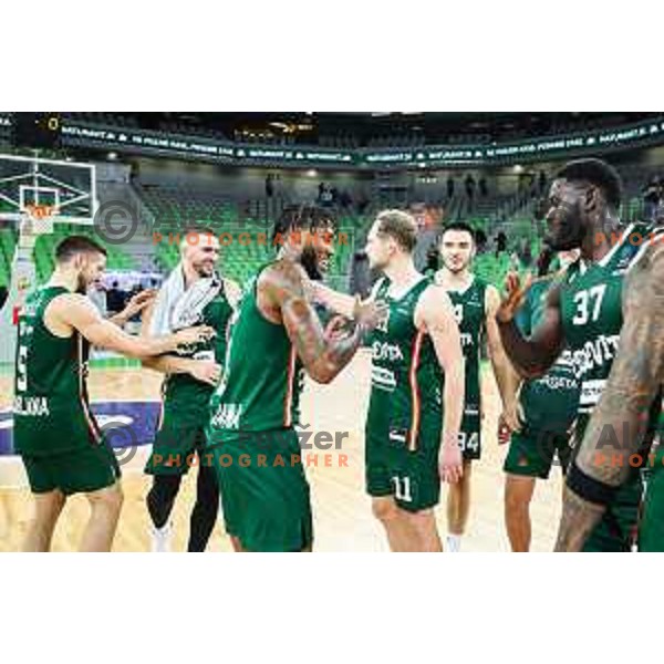 DJ Stewart and Derek Ogbeide of Cedevita Olimpija celebrate victory at BKT EuroCup 2024/2025 basketball match between Cedevita Olimpija and Umana Reyer Venezia in SRC Stozice, Ljubljana, Slovenia on October 1, 2024