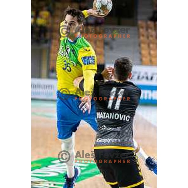 Andraz Makuc in action during 1.NLB league handball match between Celje Pivovarna Lasko and Gorenje Velenje in Celje, Slovenia on Oktober 2, 2024.