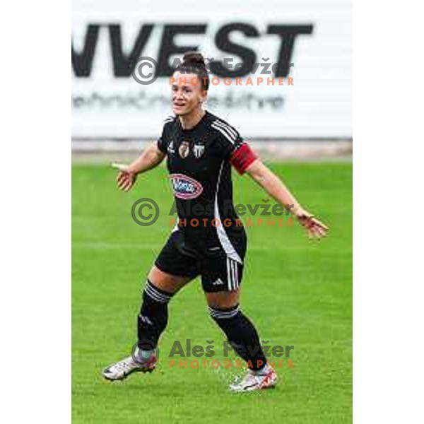 Spela Kolbl celebrates a goal during Slovenian Women’s Football Cup match between ZNK Olimpija and ZNK Mura Nona in Ljubljana, Slovenia on October 3, 2024.