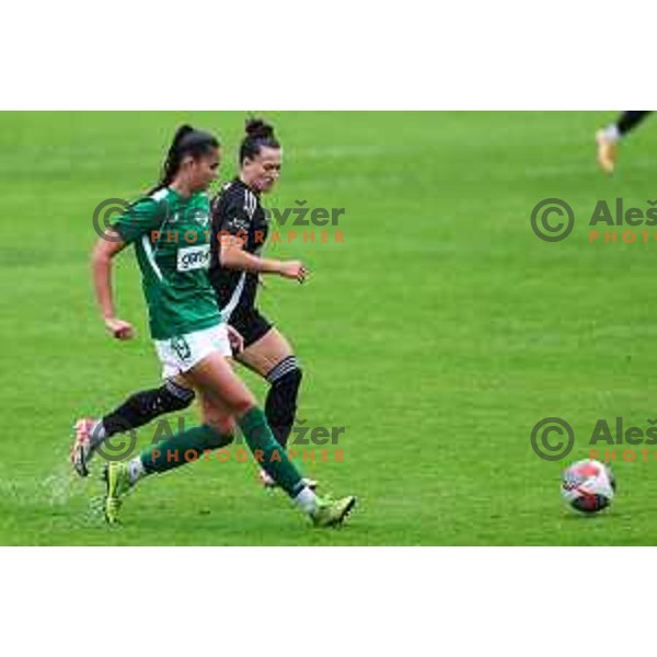Zala Balazic and Sara Makovec in action during Slovenian Women’s Football Cup match between ZNK Olimpija and ZNK Mura Nona in Ljubljana, Slovenia on October 3, 2024.