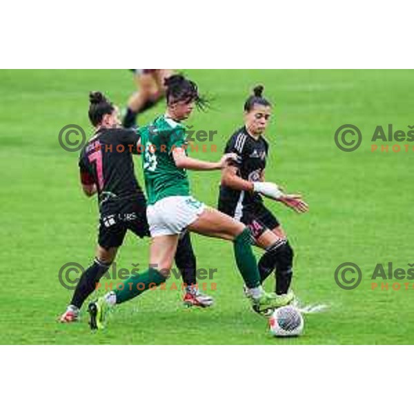 Zala Balazic and Sara Makovec in action during Slovenian Women’s Football Cup match between ZNK Olimpija and ZNK Mura Nona in Ljubljana, Slovenia on October 3, 2024.