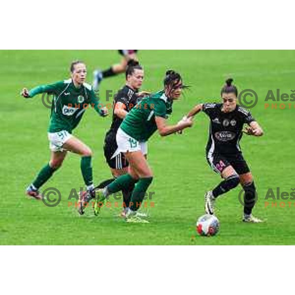Zala Balazic and Sara Makovec in action during Slovenian Women’s Football Cup match between ZNK Olimpija and ZNK Mura Nona in Ljubljana, Slovenia on October 3, 2024.