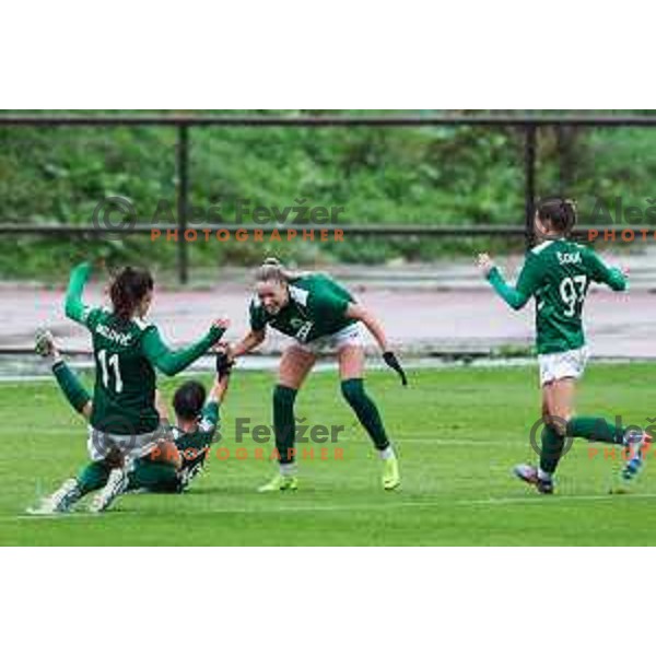 Masa Osojnik and players of ZNK Olimpija celebrate a goal during Slovenian Women’s Football Cup match between ZNK Olimpija and ZNK Mura Nona in Ljubljana, Slovenia on October 3, 2024.