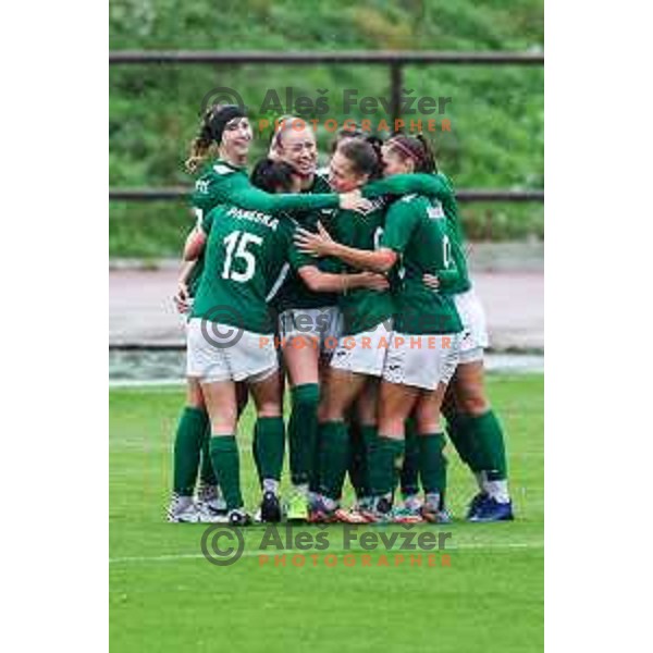 Masa Osojnik and players of ZNK Olimpija celebrate a goal during Slovenian Women’s Football Cup match between ZNK Olimpija and ZNK Mura Nona in Ljubljana, Slovenia on October 3, 2024.