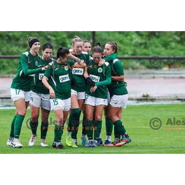 Masa Osojnik and players of ZNK Olimpija celebrate a goal during Slovenian Women’s Football Cup match between ZNK Olimpija and ZNK Mura Nona in Ljubljana, Slovenia on October 3, 2024.