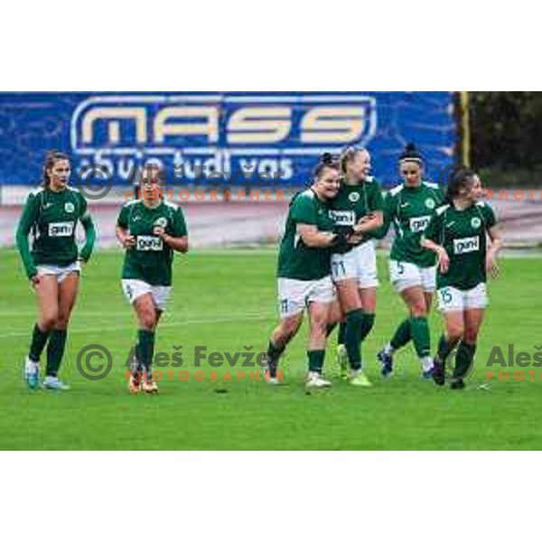 Masa Osojnik and players of ZNK Olimpija celebrate a goal during Slovenian Women’s Football Cup match between ZNK Olimpija and ZNK Mura Nona in Ljubljana, Slovenia on October 3, 2024.