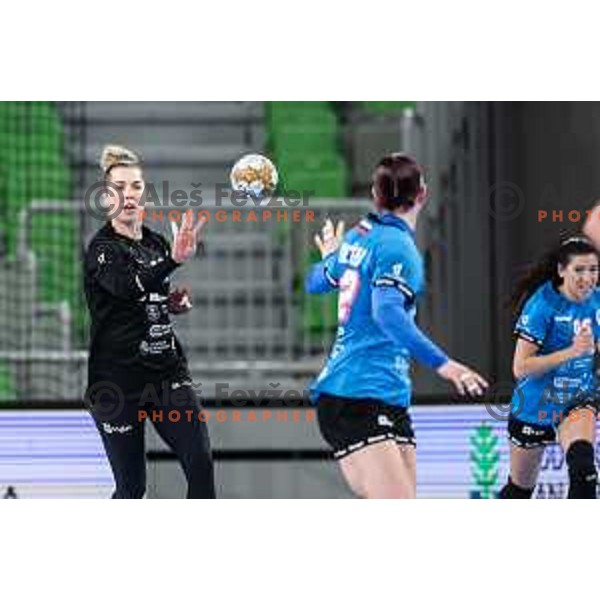 Barbara Arenhart of Krim Mercator in action during EHF Women\'s Champions League match between Krim Mercator (SLO) and CSM Bucuresti (ROM) in SRC Stozice, Ljubljana, Slovenia on October 12, 2024
