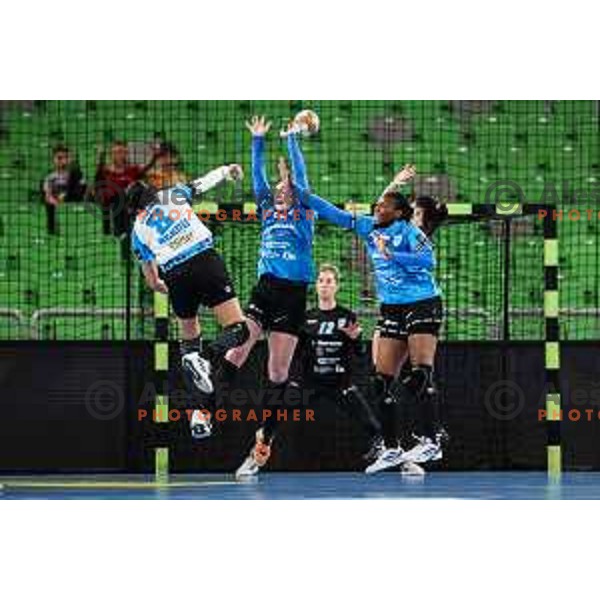 Tamara Horacek and Grace Deuna Zaadi of Krim Mercator in action during EHF Women\'s Champions League match between Krim Mercator (SLO) and CSM Bucuresti (ROM) in SRC Stozice, Ljubljana, Slovenia on October 12, 2024