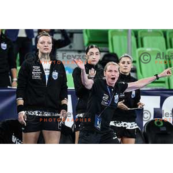 Helle Thomsen, head caoch of CSM Bucuresti during EHF Women\'s Champions League match between Krim Mercator (SLO) and CSM Bucuresti (ROM) in SRC Stozice, Ljubljana, Slovenia on October 12, 2024