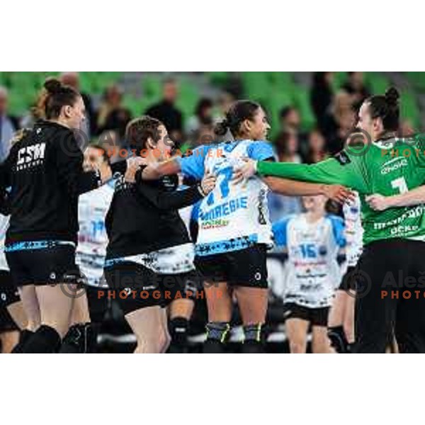 Players of CSM Bucurestri celebrate victory at EHF Women\'s Champions League match between Krim Mercator (SLO) and CSM Bucuresti (ROM) in SRC Stozice, Ljubljana, Slovenia on October 12, 2024