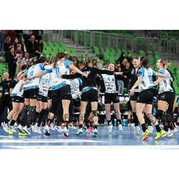 Players of CSM Bucurestri celebrate victory at EHF Women\'s Champions League match between Krim Mercator (SLO) and CSM Bucuresti (ROM) in SRC Stozice, Ljubljana, Slovenia on October 12, 2024