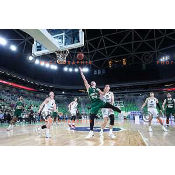 Rok Radovic in action during BKT EuroCup 2024/2025 basketball match between Cedevita Olimpija and 7Bet Lietkabelis Panevezys in SRC Stozice, Ljubljana, Slovenia on October 15, 2024
