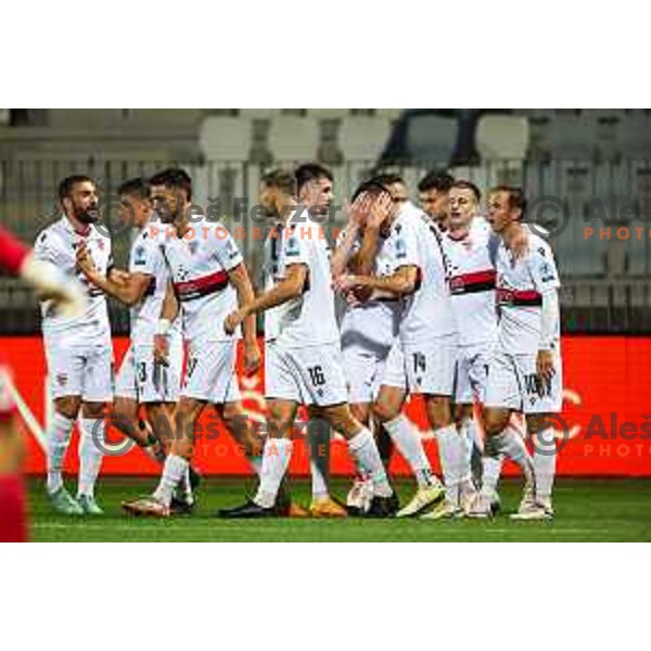 Gasper Petek and players of Primorje celebrate a goal during Prva liga Telemach 2024/2025 football match between Koper and Primorje in Koper on October 19, 2024