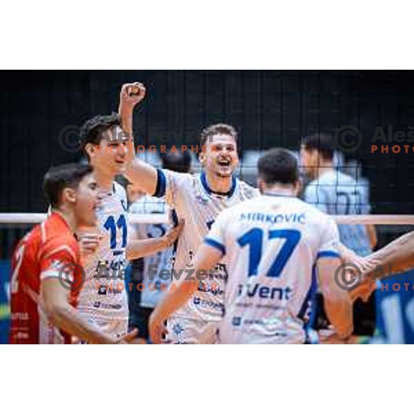 Miha Cafuta celebrating during Sportklub prva odbojkarska liga between i-Vent Maribor and Calcit Volley in Dvorana Tabor, Maribor, Slovenia on October 19, 2024. Photo: Jure Banfi