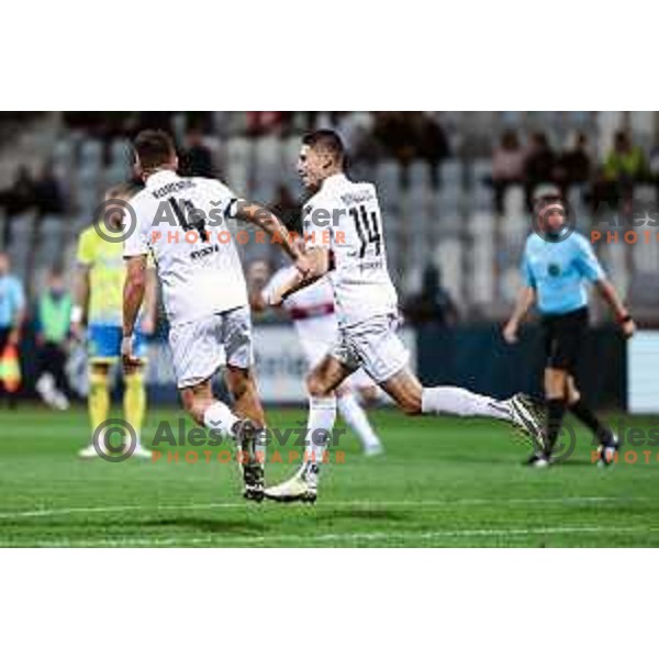 Semir Smajlagic and players of Primorje celebrate a goal during Prva liga Telemach 2024/2025 football match between Koper and Primorje in Koper on October 19, 2024