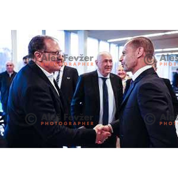 Adam Delius and Alekander Ceferin at General Assembly of Slovenia Football Association (NZS) at NNC Brdo pri Kranju, Slovenia on October 24, 2024