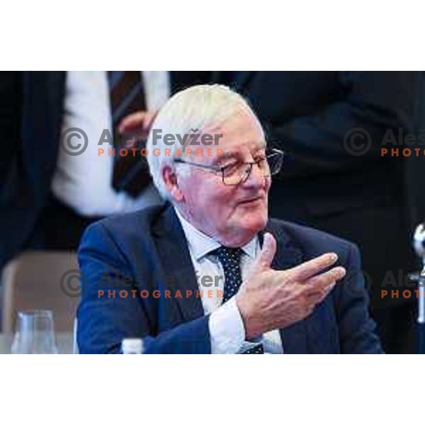 Aleksander Ceferin, president of UEFA and Karl Erik Nilsson, vice-president of UEFA at General Assembly of Slovenia Football Association (NZS) at NNC Brdo pri Kranju, Slovenia on October 24, 2024