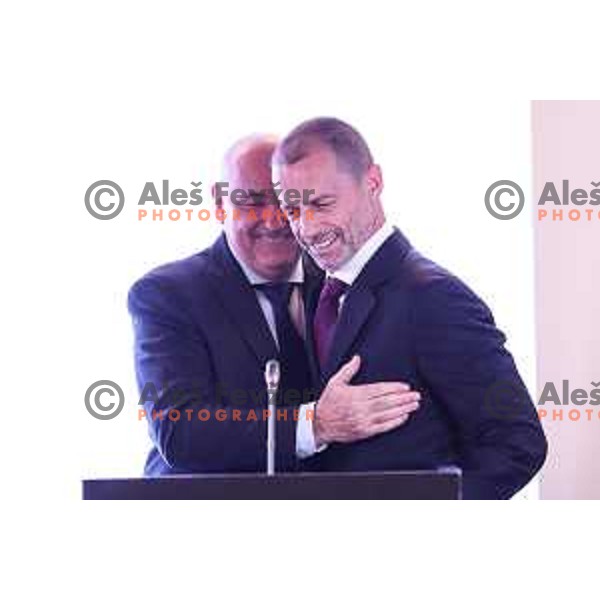 Radenko Mijatovic and Alekander Ceferin at General Assembly of Slovenia Football Association (NZS) at NNC Brdo pri Kranju, Slovenia on October 24, 2024