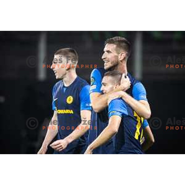 Damjan Vuklisevic and Ivan Brnic celebrating during UEFA Conference League 2024/25 group stage football match between NK Celje and Istanbul Basaksehir FK in Stadion z’dezele, Celje, Slovenia on October 24, 2024. Photo: Jure Banfi