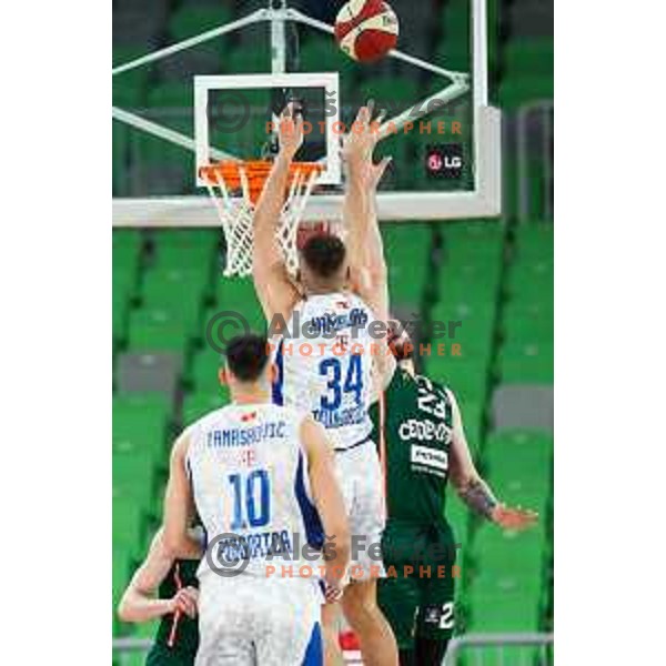 in action during ABA League 2024/2025 basketball match between Cedevita Olimpija and Buducnost VOLI in Ljubljana, Slovenia on October 27, 2024
