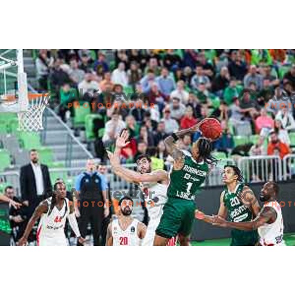 Devin Robinson in action during BKT EuroCup 2024/2025 basketball match between Cedevita Olimpija and Hapoel Bank Yahav Jerusalem in SRC Stozice, Ljubljana, Slovenia on October 30, 2024